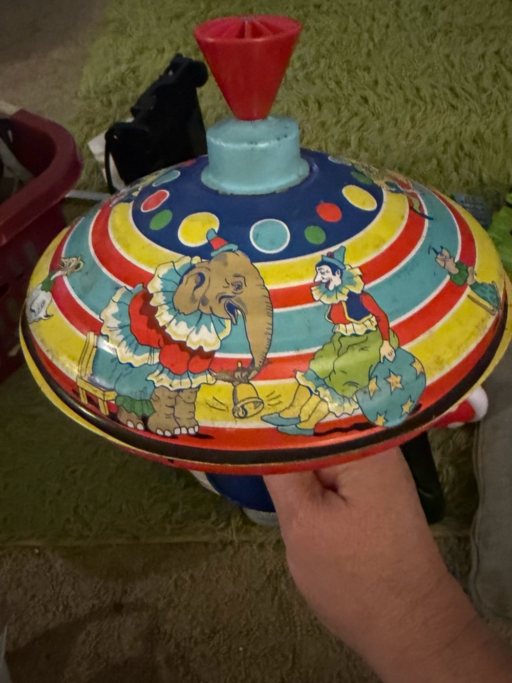 Vintage Circus Spinning Top - Colorful Clown & Elephant Design